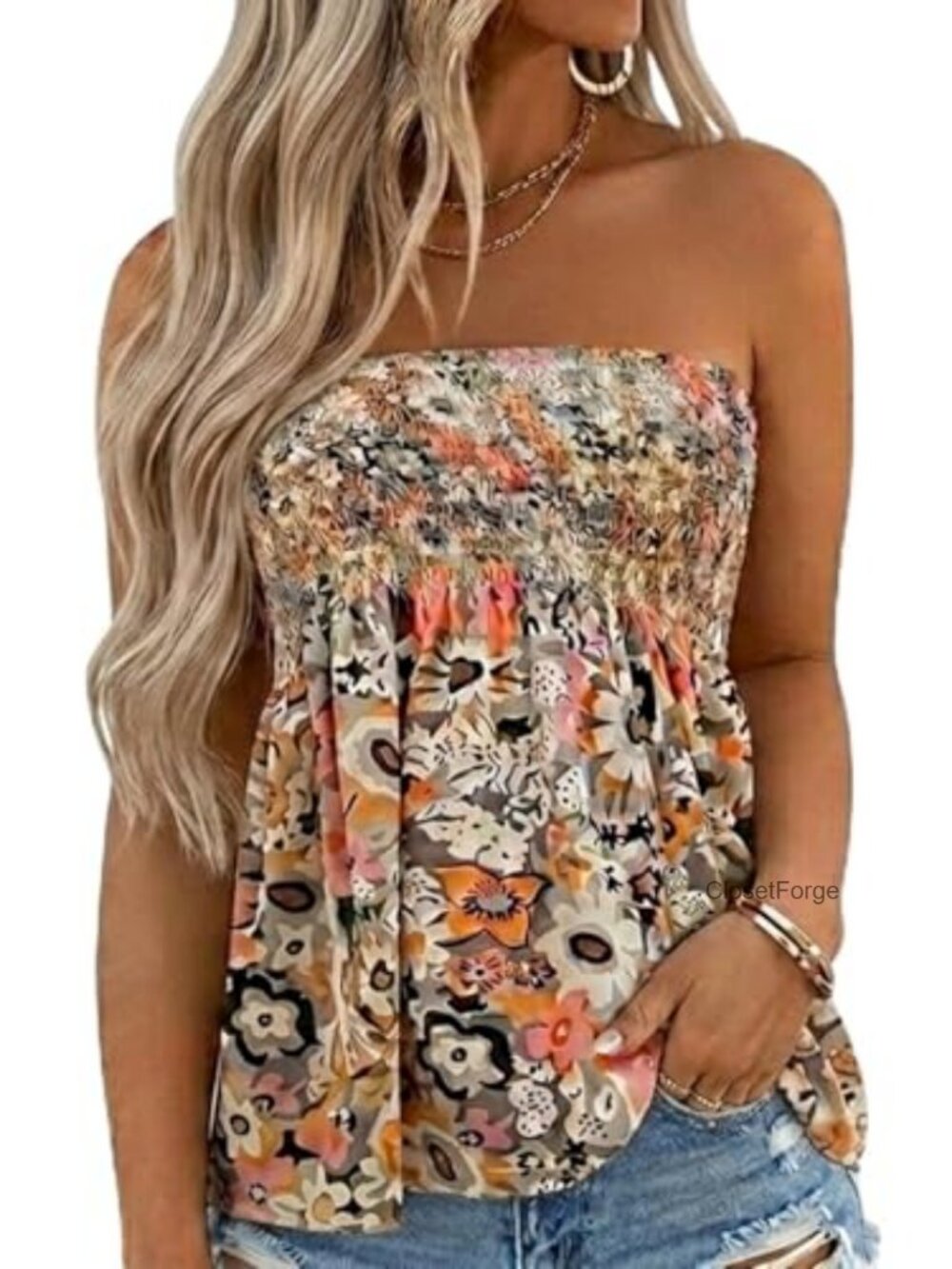 Womens Smocked Strapless Bandeau Tube Top Backless Sleeveless Tunic Tank